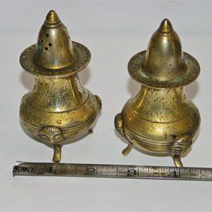 Vintage India Solid Brass Salt and Pepper Shakers Hand Engraving